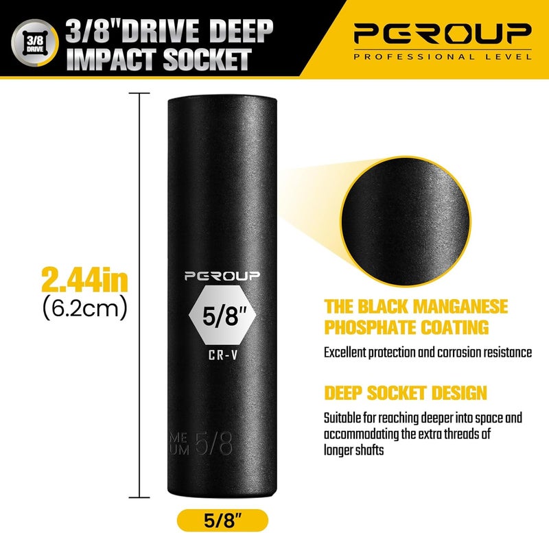 pgroup 3/8” Drive Deep Impact Socket, SAE(5/8 Inch socket), 6-Point, Cr-V Steel With Black Manganese Phosphate Coating - Image 2